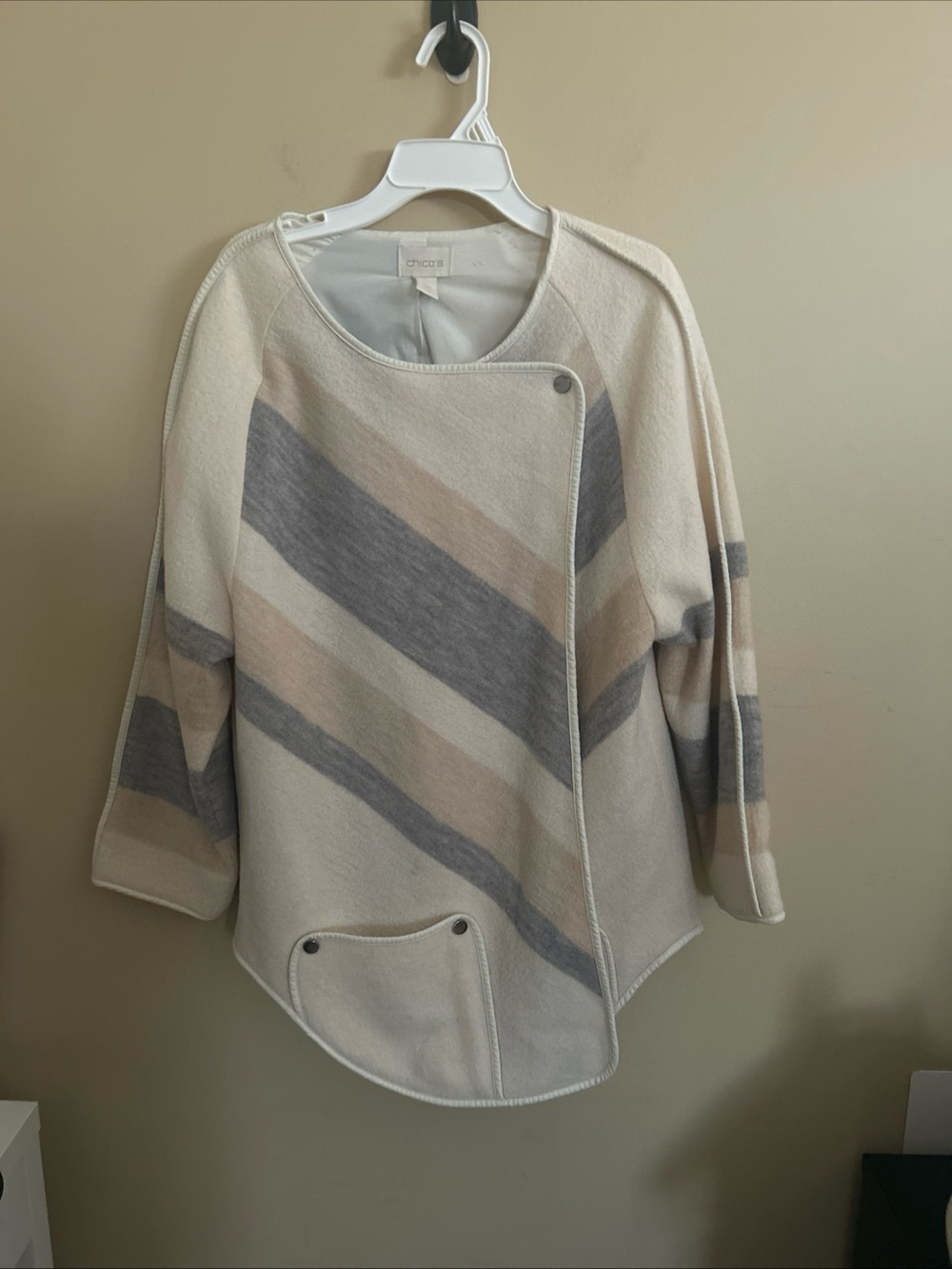 Chico's Cream Striped 100% Wool Knit Wrap Jacket Three-Quarter Sleeve